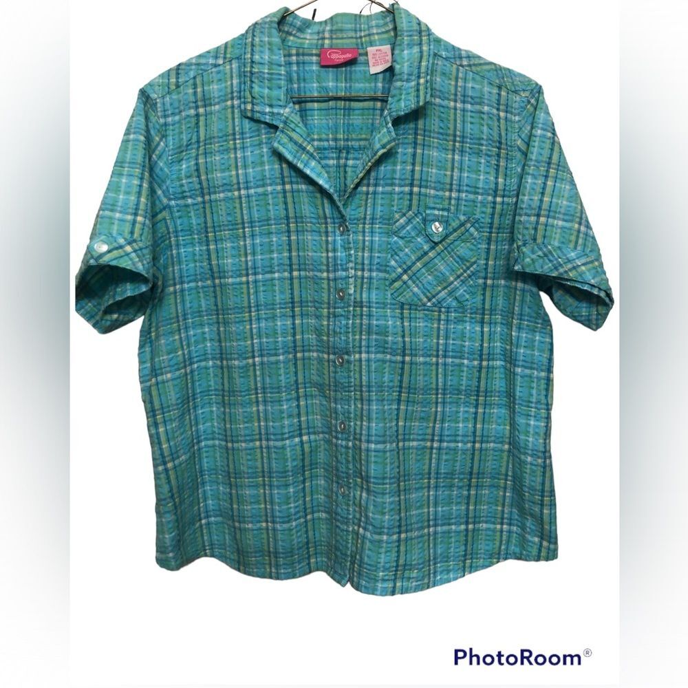 PAPPAGALLO Petite Seersucker Button-Up Shirt Sz PXL